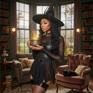 Costume – Trickz N’ Treatz – Black – Sexy Witch Lace‑Up Bodysuit Mesh Skirt Hat
